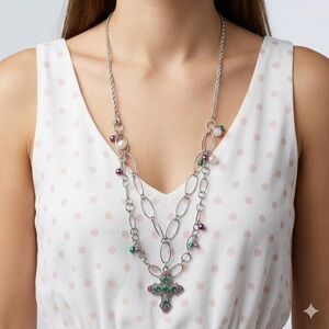 Silver Tone Multi-Strand Cross Necklace | Colorful Beads 15”